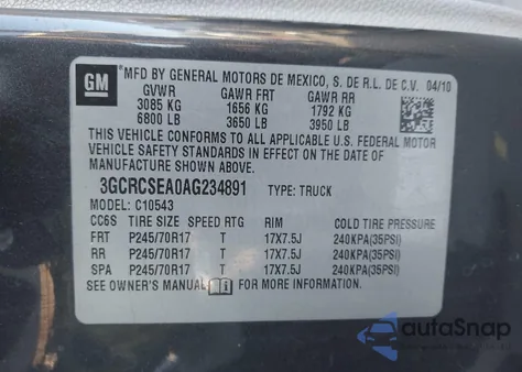 2010 Chevrolet Silverado 1500 Lt z USA, uszkodzony, nr VIN 3GCRCSEA0AG234891